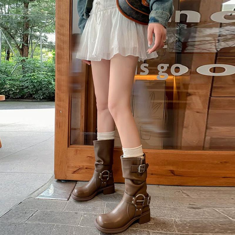 Maillard Маленькие Средние Рыцарские Сапоги Толстый Каблук Плоская Подошва Квадратный Носок Плиссированные Сапоги-чулки Коричневые Сапоги в Стиле Вестерн Ковбойские Сапоги Тренд