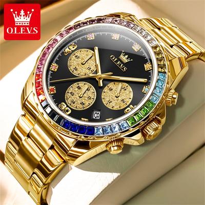 Часы для мужчин OLEVS Rainbow Gemstone Bezel Business Luxury Quartz Watches Водонепроницаемые светящиеся часы