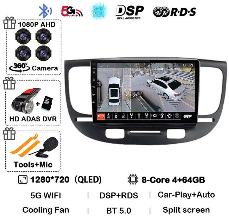 Android 14 Carplay Auto Автомагнитола Стерео Для Kia RIO 2 RIO2 2005-2008 2009 2010 2011 Мультимедийный Плеер GPS WIFI+4G Камера 360 BT