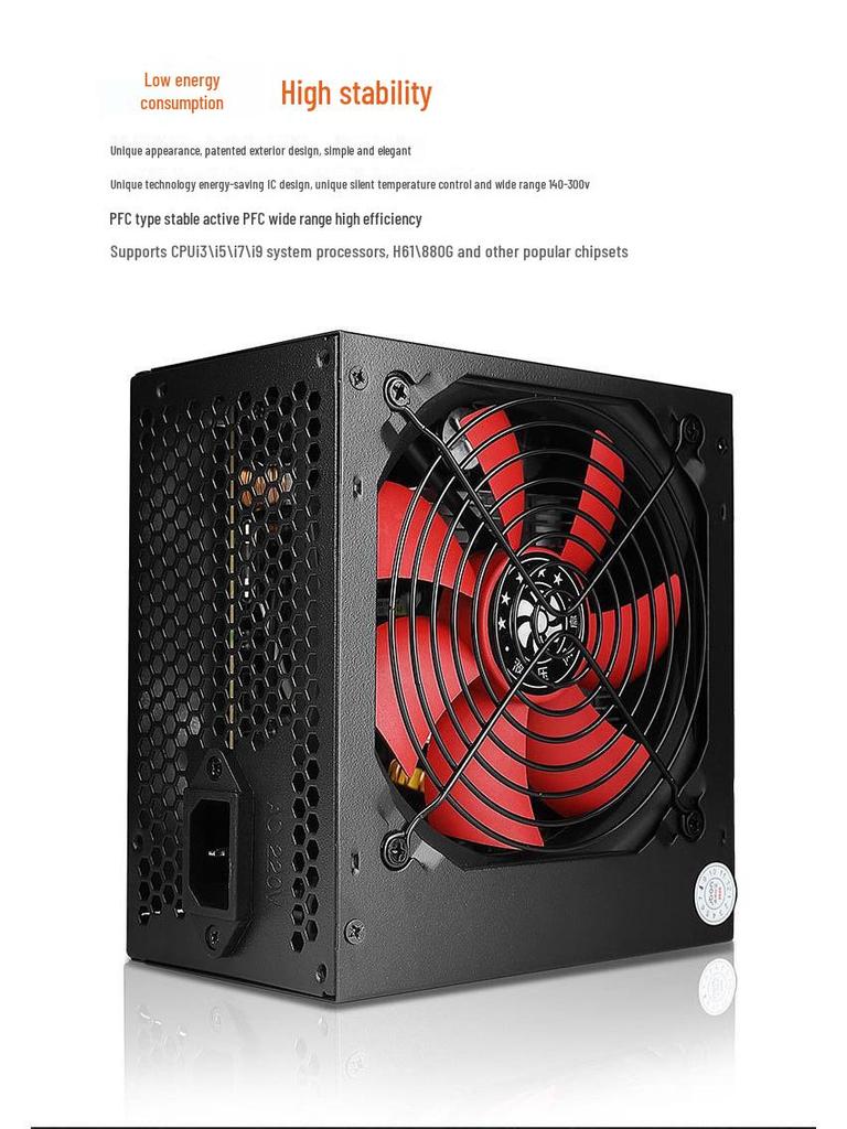 JAZPER 600W Бесшумный блок питания, Номинальная мощность 500 Вт, Двойной 6-контактный, Поддержка задней прокладки кабелей для игровых ПК