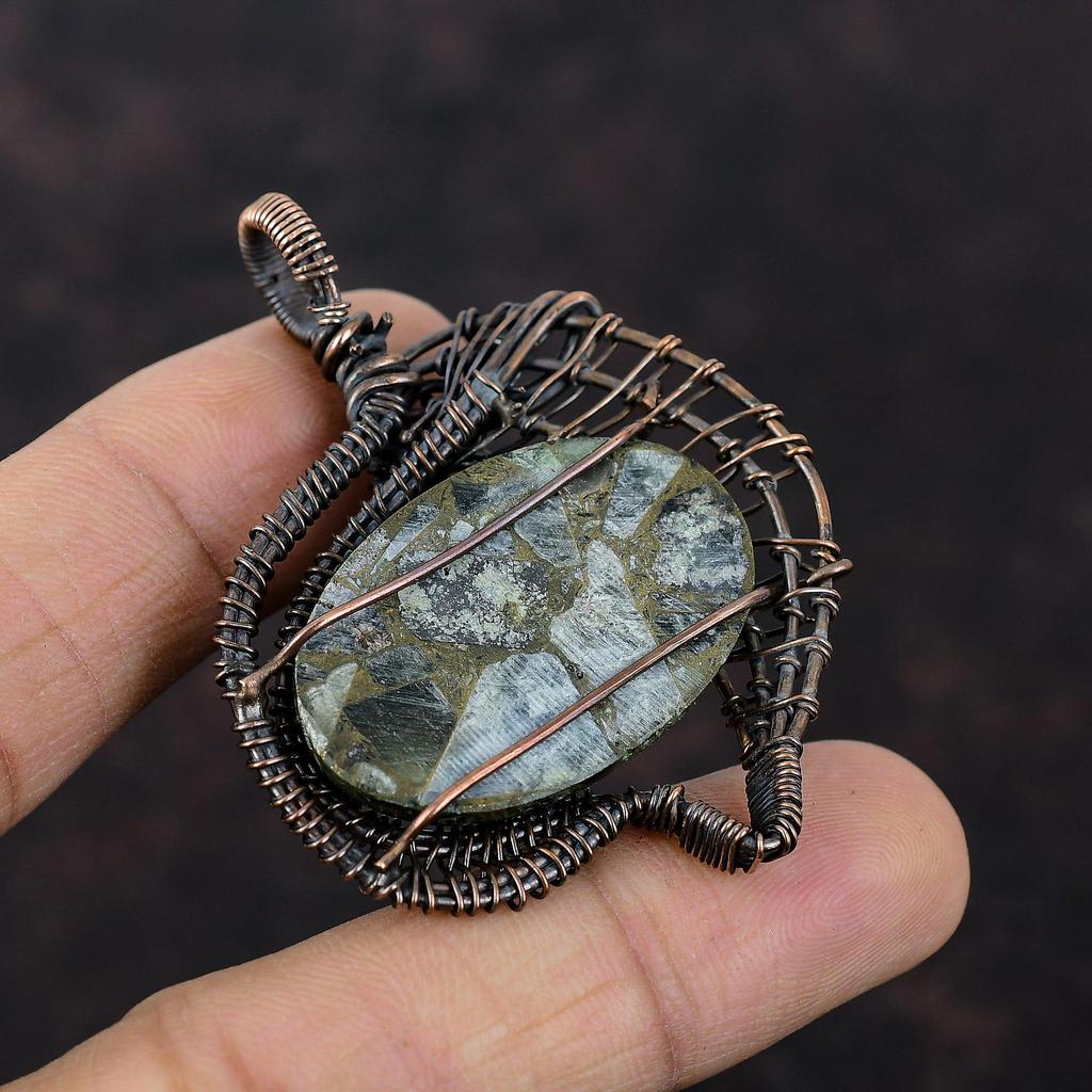 Медный кулон серафинит, медная проволочная обертка, кулон ручной работы, уникальная проволочная обертка, ювелирное изделие, кулон для подарка, драгоценный камень, медные украшения