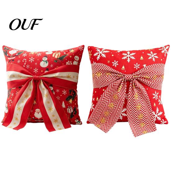Festive Christmas Tree Pillow Cover Throw Cover, Holiday Cushion with 3D Bow, Soft Polyester Shells Seasonal Farmhouse Case for Living Room Sofa Couch