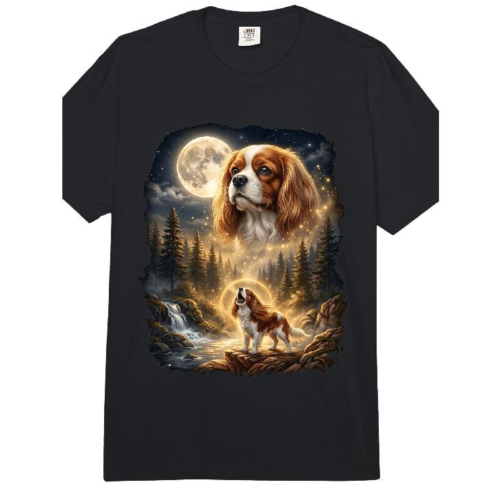 Кавалер-кинг-чарльз Howling At The Moon Ретро Comfort Colors Взрослая футболка повышенной плотности Sky King 220 г/м² Хлопок Круглый вырез Короткий рукав