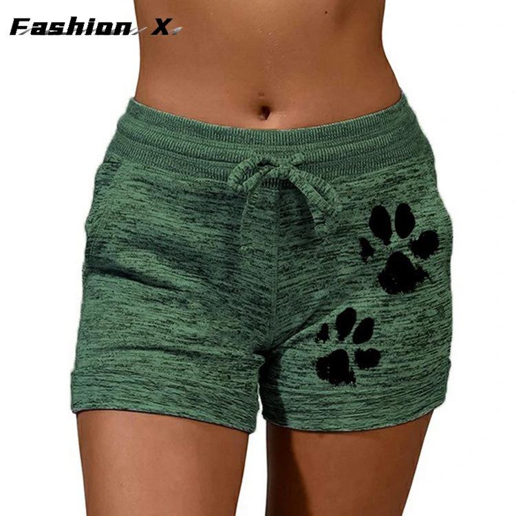 Women's Shorts High Waist Cat Paw Printed Drawstring Sport Shorts