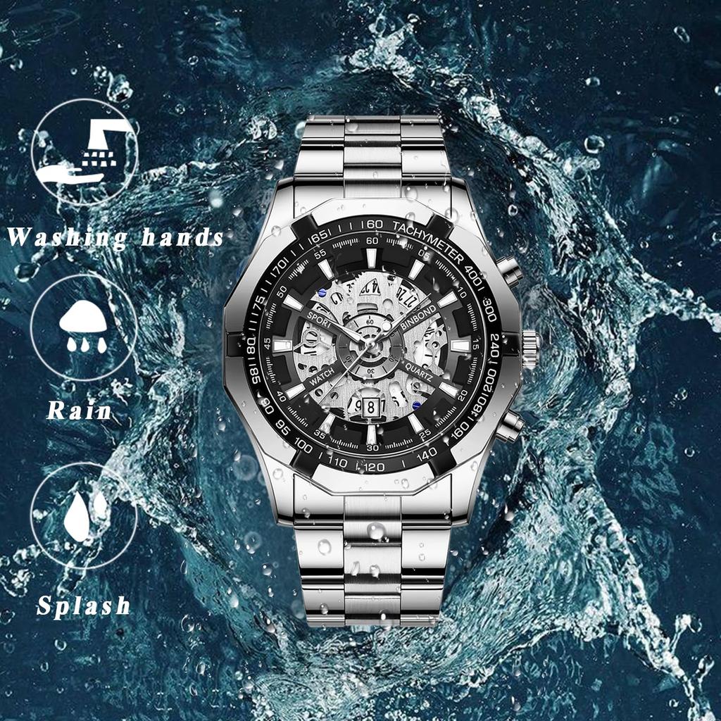 Silver Watch with 3ATM Water Luminous Analog Stainless Stylish Quartz Fashion Accessory Perfect for or As a Boyfriend Gift Men's Calendar, Resistance,