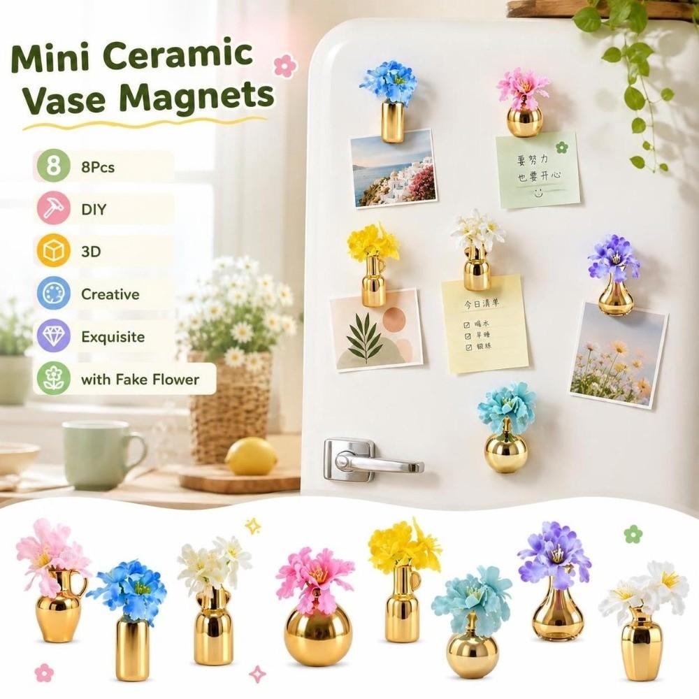 8Pcs 3D Mini Ceramic Vase Magnets DIY Vase Fridge Stickers Refrigerator Magnets Vase Living Room