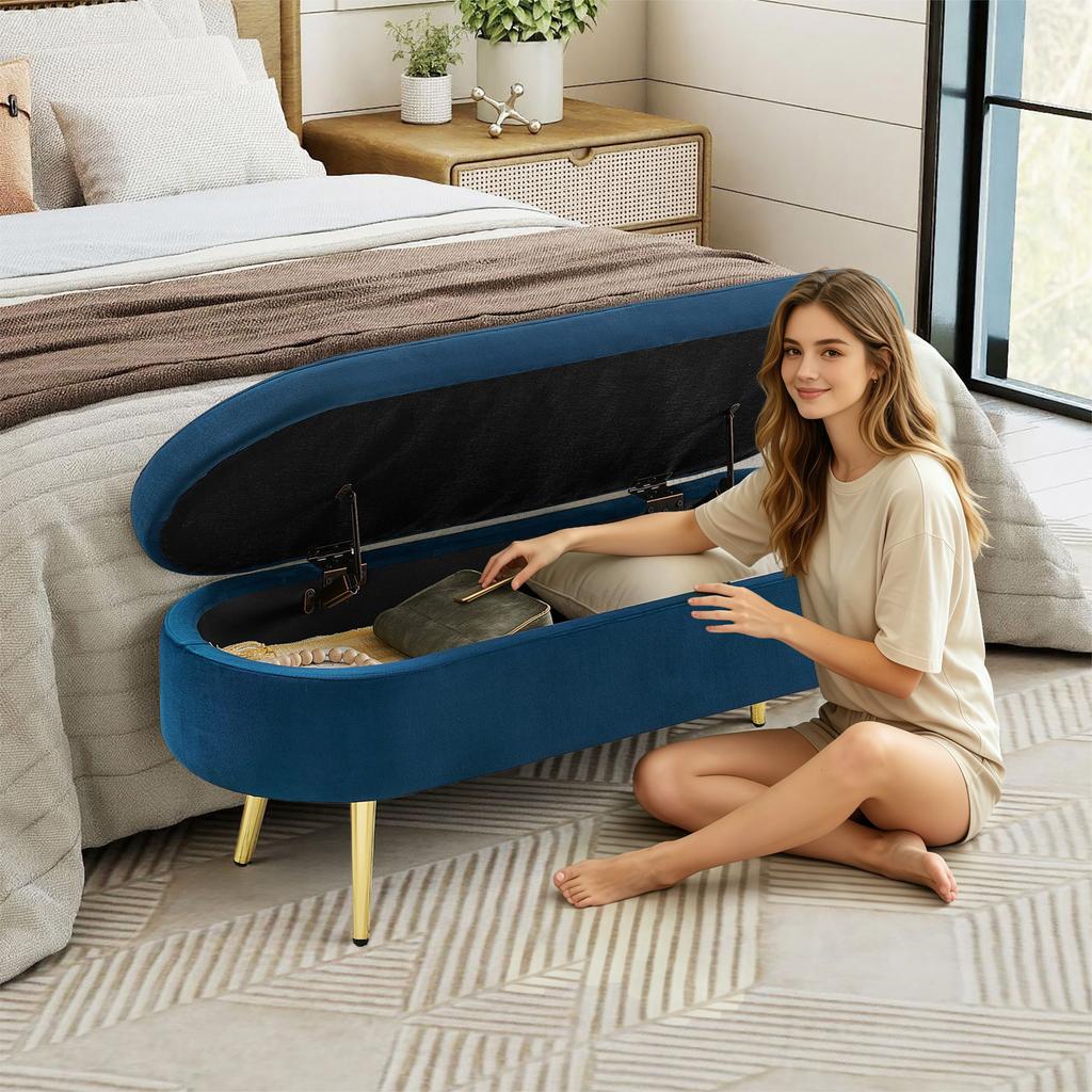 Multifunctional Bench, Soft Velvet, Metal Legs, Wood Frame, 20L Storage Space, 110x40x42cm, for Bedroom, Living Room, Shoe Bench, Hallway, Blue