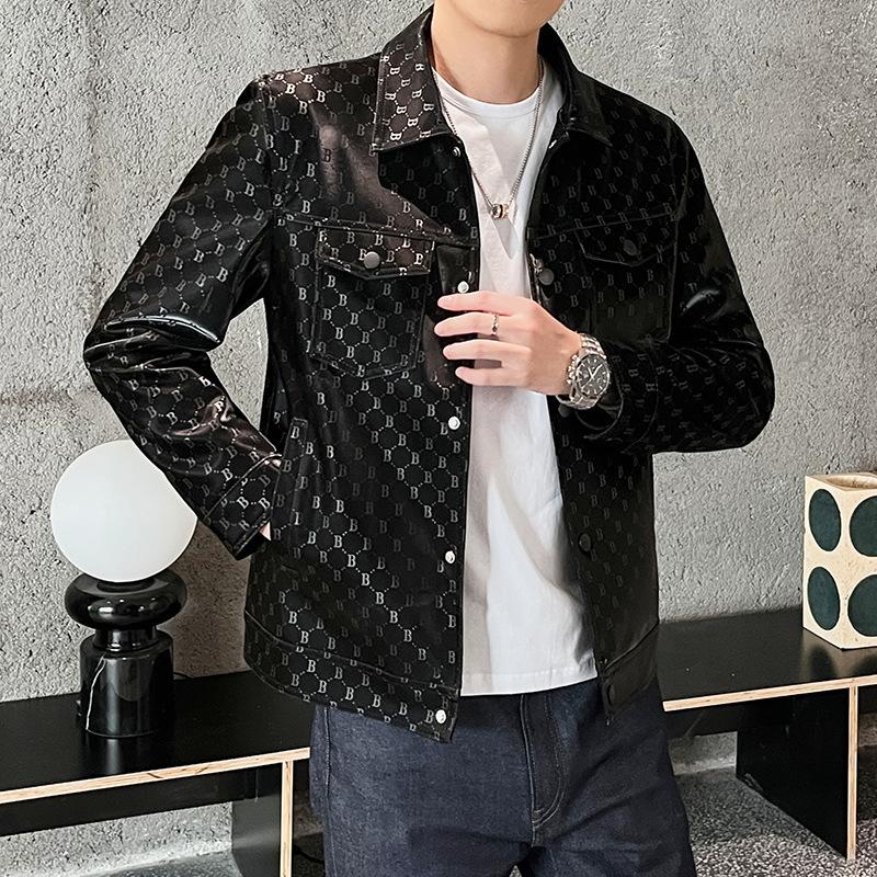 Весенне-осенняя новая мужская модная универсальная кожаная куртка с принтом B-line с воротником-поло мотоциклетное трендовое пальто из искусственной кожи