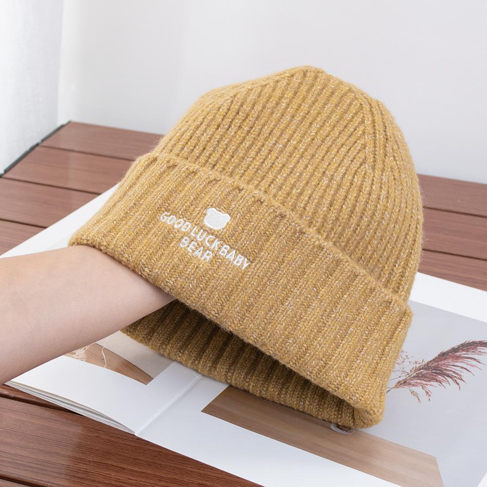 Cute bear face small knitted hat women's winter versatile face embroidery wool hat ear protection warm cold hat