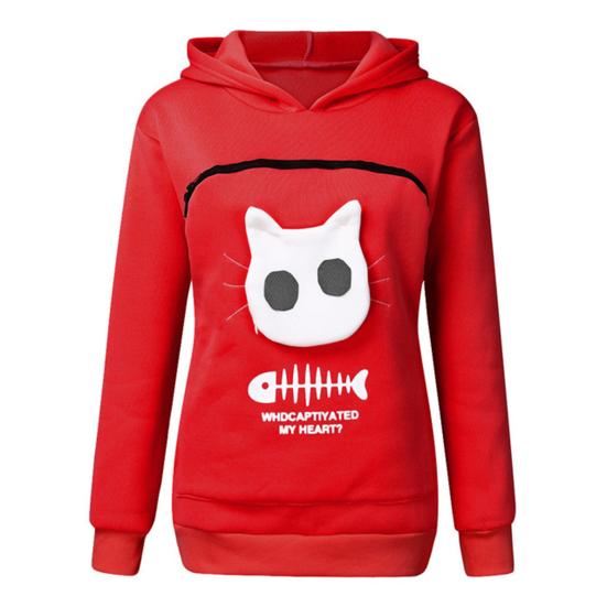 Women Spring Hoodie with Cat Nest Cartoon Print Big Zipper Pocket Hooded Long Sleeves Keep Warm Pullover Elastic Cuff Lady Hoodie Women Garment