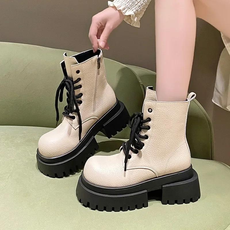 Модные 7 см Женские Ботильоны на Толстом Каблуке на Шнуровке Черные Массивные Ботинки Новые 2024 Зимние Кожаные Ботинки Женские Ботинки на Платформе Панк Высокий Каблук