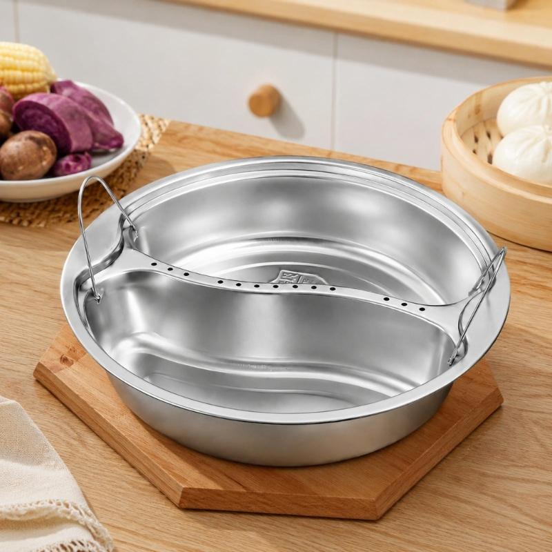 Sectioned Steam Tray Round Metal Insert with Wire Grip Handles for Soup Pot Service and Daily Family Table Tasks