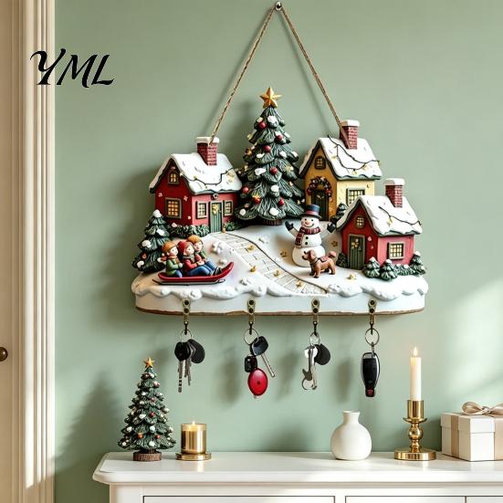 Winter Scene Home Decoration Christmas Village Wooden Wall Hanging, Snow House Snowman Plaque, 4 Hook Entryway Organization Supplies Mount Key Holder,
