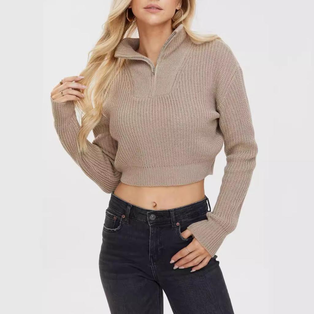 Однотонный свитер на молнии для женщин на осень и зиму, облегающий пуловер с V-образным вырезом и длинными рукавами