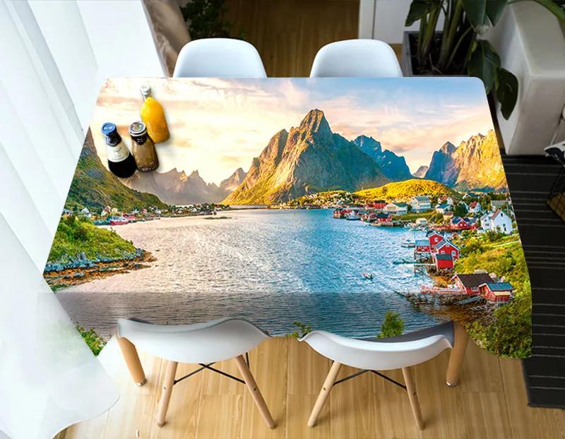 Nature Mountain Stream Landscape Pattern Tablecloth Home Kitchen Dining Table Tablecloth Wedding Decoration Antifouling Washable