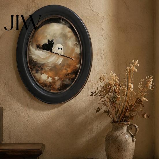 Vintage Style Halloween Decoration Ghost Wall Decor, Cute Table Sign, Oval Framed Black Art Picture, Decorative for Mantel Living Room Bedroom
