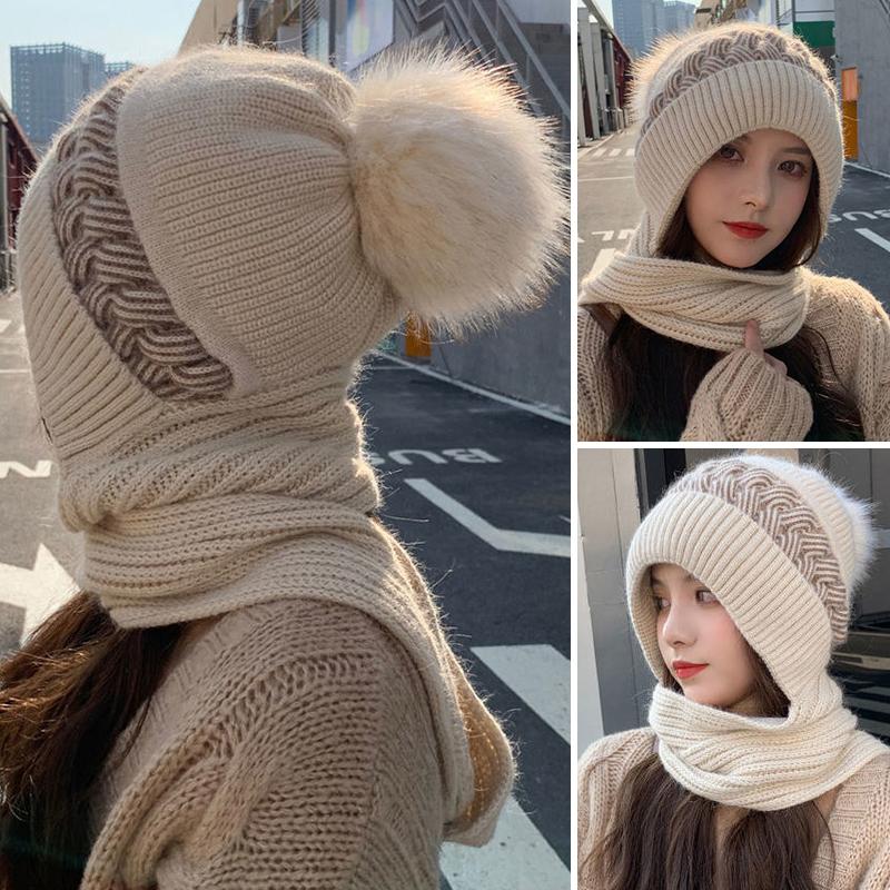 Winter Warm Hat Scarf Set Women Lady Plush Pompom Crochet Wool Knit Pullover Cap Outdoor Thick Windproof Warmer Hat Scarves