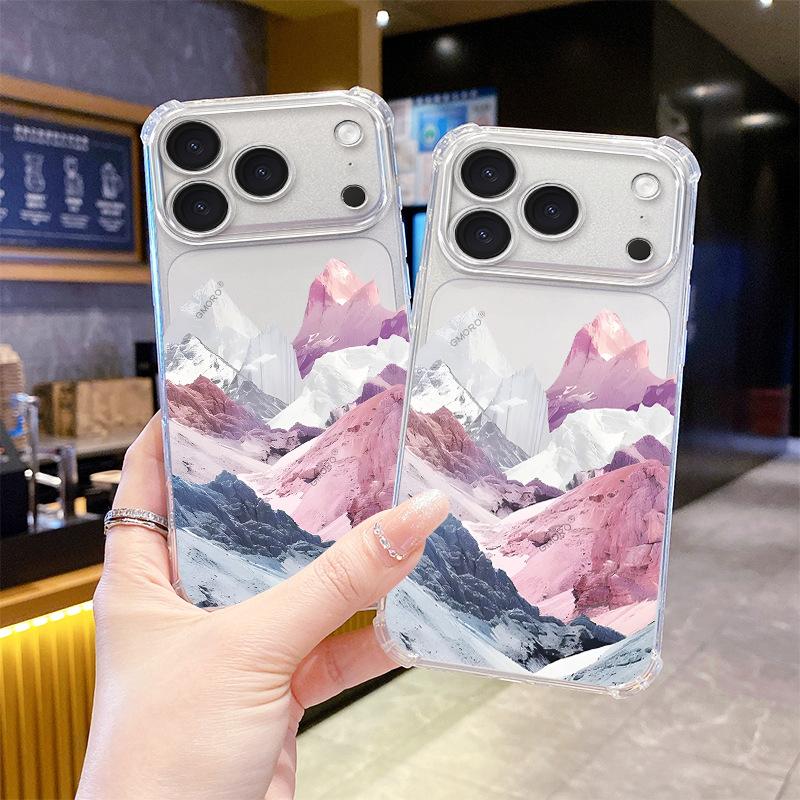 Processing and production of Nordic ins wind pink purple snow mountain four corners anti-drop mobile phone case iPhone15Pro transparent protective ca