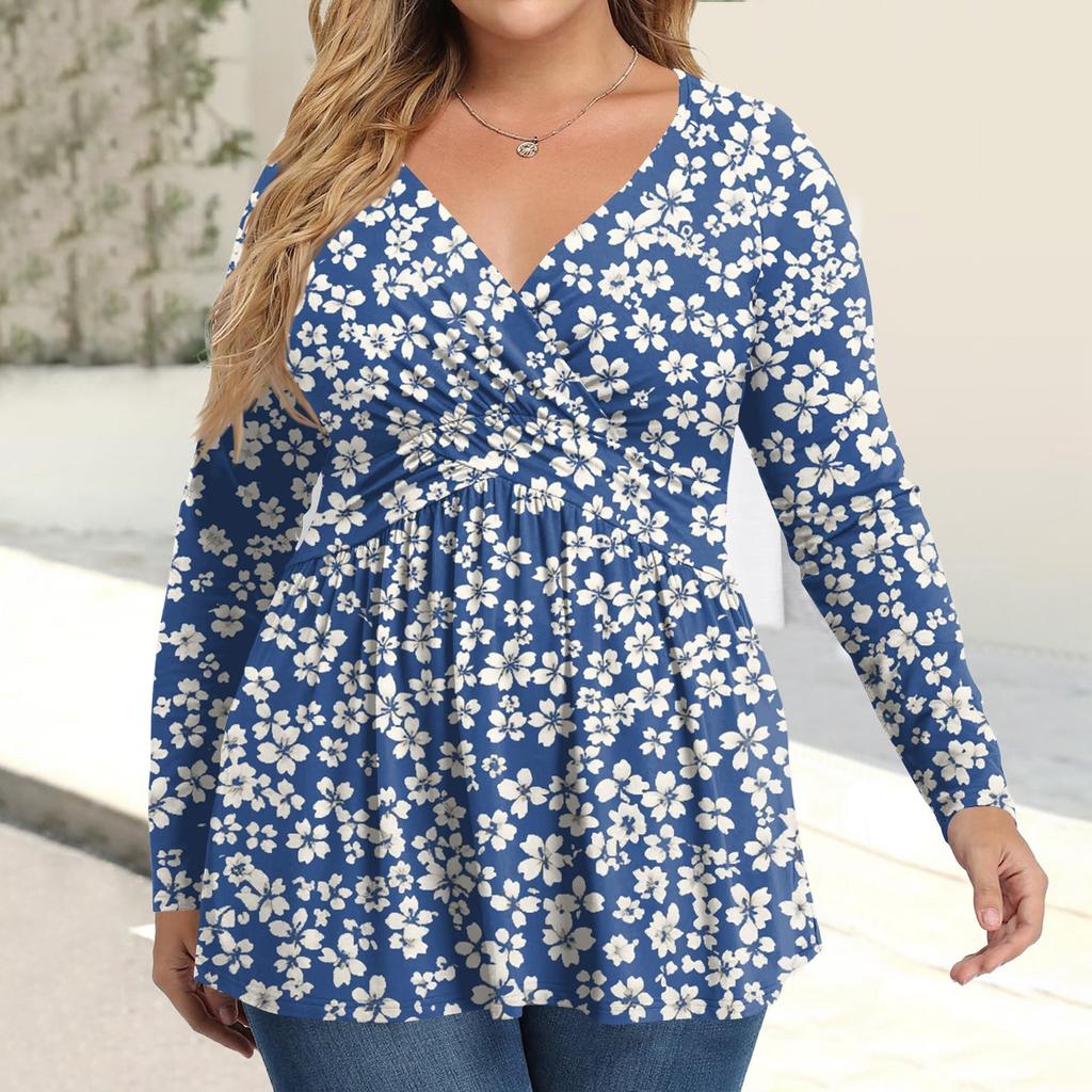 Женская рубашка большого размера с длинным рукавом, принт, плиссированный повседневный топ с V-образным вырезом