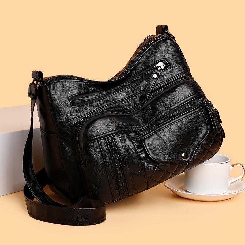 Fashion Retro Trend Four Seasons Soft Leather Multi-layer Multi-pocket Sewing Multi-layer Single Shoulder Oblique Span Women's Bag