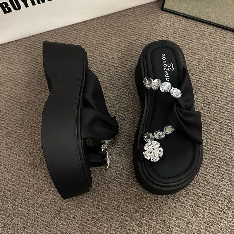 Thick-soled Heightening and Cool Slippers for Women's Summer Wear, New Models with Skirts, Fashionable Cover, Toe Rhinestone High-heeled Sandals.