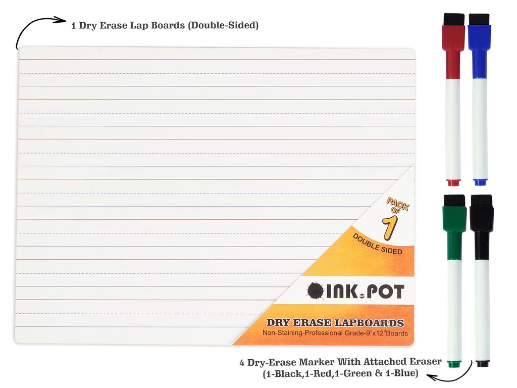 Inkdotpot Dry Erase Board For Kids Students 9 X 12 Double Sided Ruled Blank Dry Erase Lapboard W 4 Markers For Home School (1 Piece