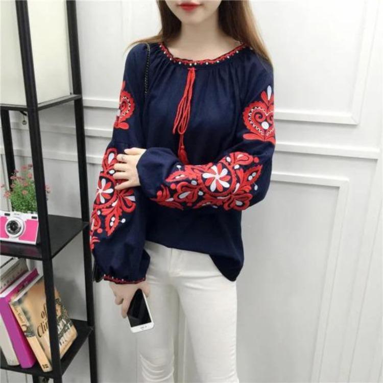 Женская летняя блузка с этнической вышивкой, пуловер с круглым вырезом, рукава-фонарики, свободная туника-рубашка