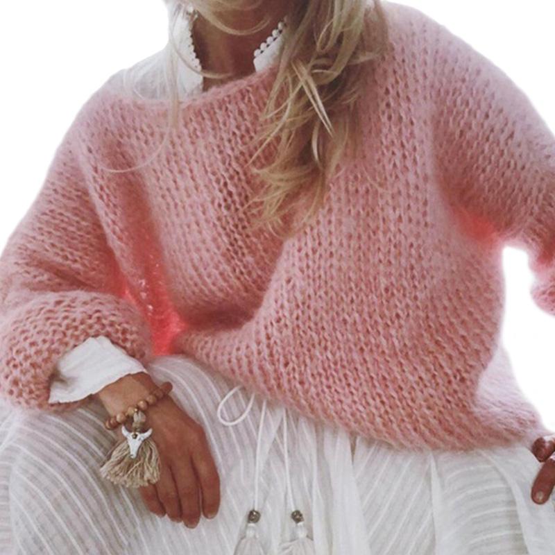 1PC Джемпер Ажурный Мягкий Пушистый Свободный Женский Фонарь Длинный Рукав Вязаный Свитер Мохеровый Свитер