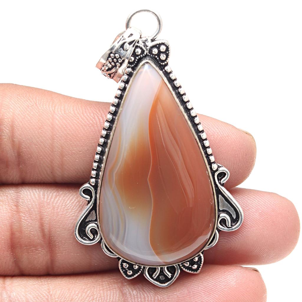 Pendant Banded Agate Gemstone Valentine'Day Gift Silver Jewelry 2.5"