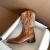 New Genuine Leather Western Cowboy Boots Embroidered Knight Boots Women's Square Toe Retro Thick Heel Midsole Boots Summer