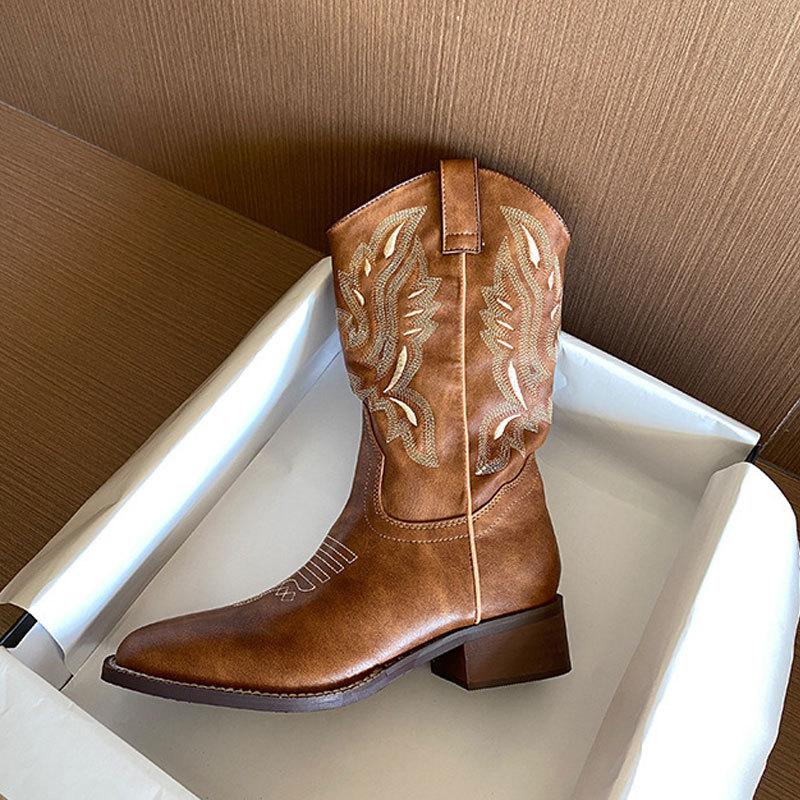 Новые ковбойские сапоги из натуральной кожи, вышитые рыцарские сапоги, женские летние сапоги с квадратным носком и толстым каблуком в стиле ретро