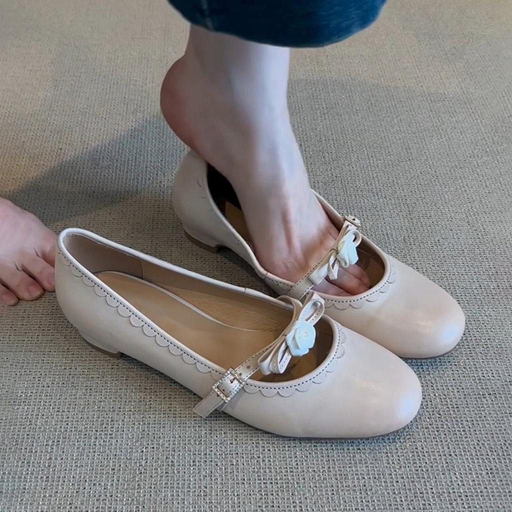 Sheepskin~ French retro leather shoes round head single shoes women's word with bow flower shallow mouth Mary Jane shoes