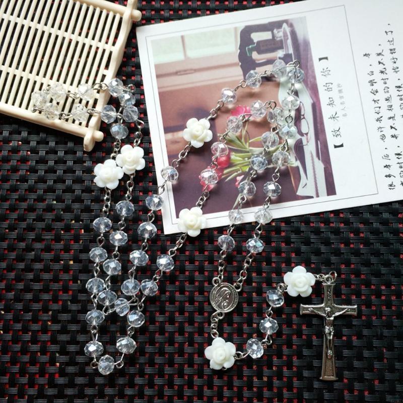 62KD Розовый Хрустальный Четки Ожерелье Католическое Винтажное для Подвески Крест Длинная Цепочка Ожерел
