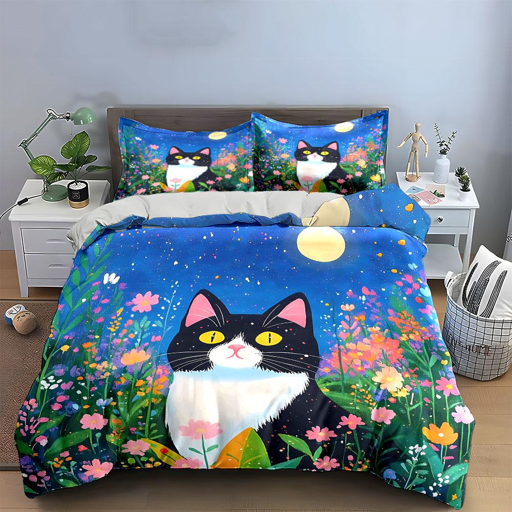 Black Cat and Red Fish Design Bedding Duvet Cover Set Duvet Cover Pillowcases (1*Duvet Cover 2*Pillowcases, without duvet insert)