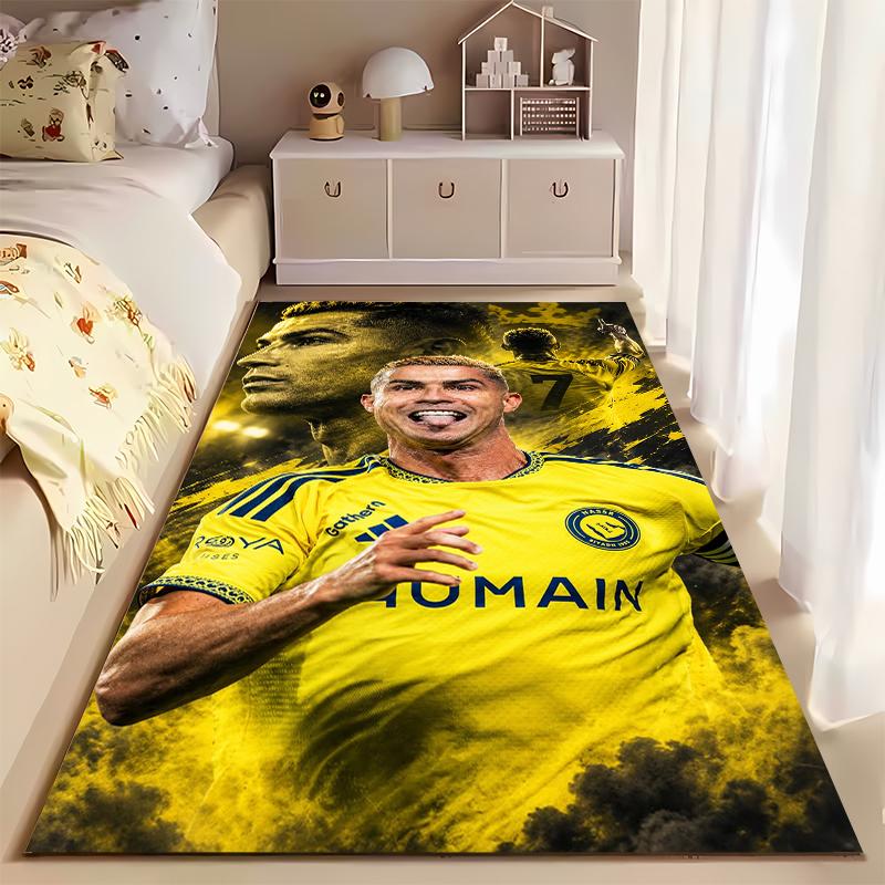 Soccer Star Area Rug, Cristiano Ronaldo Al Nassr 7 Yellow Kit Crown Tongue Celebration Print, Football Fan Decor, Non-Slip Mat