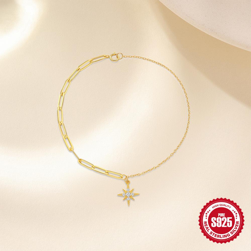 Серебро 925 пробы Цепочка из скрепок Подвеска с бриллиантом-октаграммой Универсальный модный браслет Дизайн цепочки со вставками Браслет