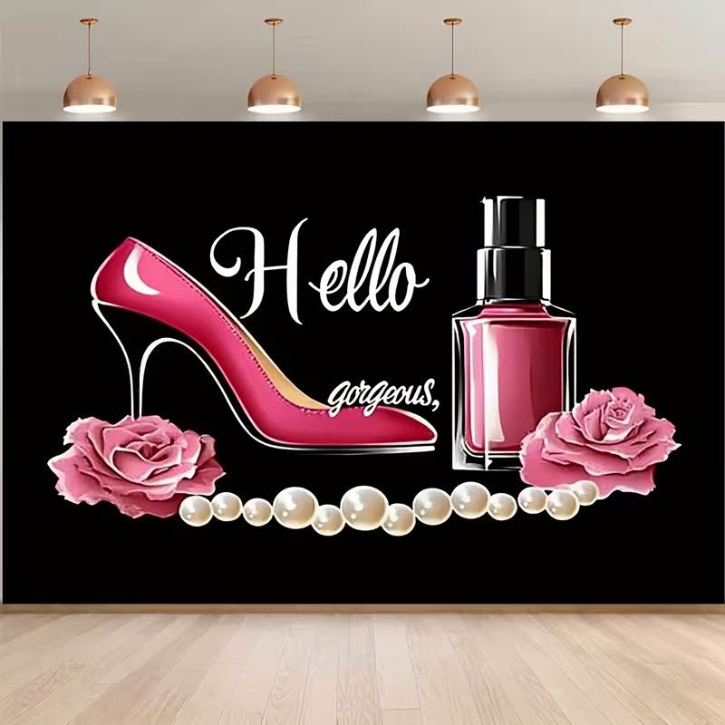 2D Black Fashion Beauty Backdrop Pink Heels, Roses & Pearls Studio Photography Background