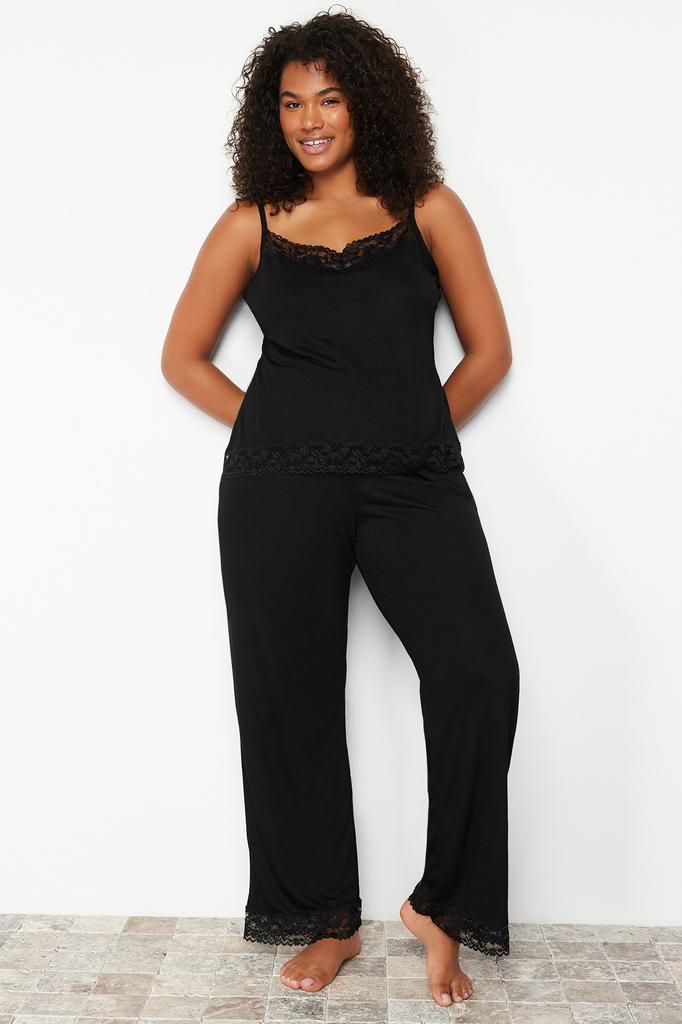 Women's Fashion New Plus Big Size Pajama Set Black Lace Detailed Knitted Pajama Set