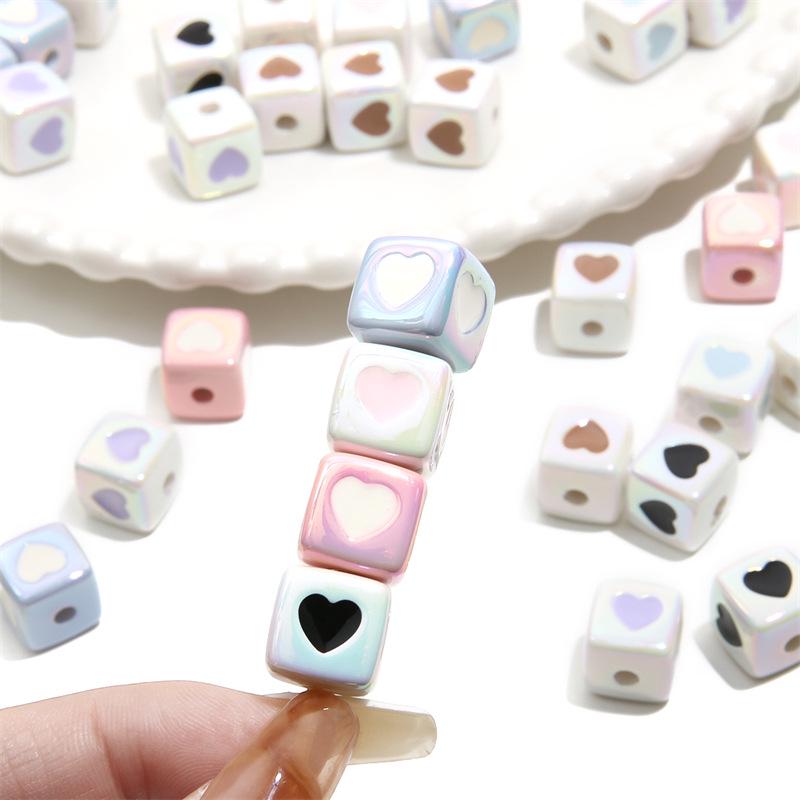 12mm Color-Plated 3D Heart Square Beads for DIY Hairpins & Bracelets
