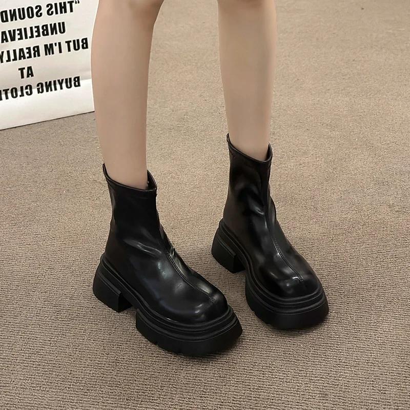 Модные осенние женские толстые ботильоны с тонкими ботильонами, модные короткие ботинки на платформе с застежкой-молнией сзади, уличные женские туфли