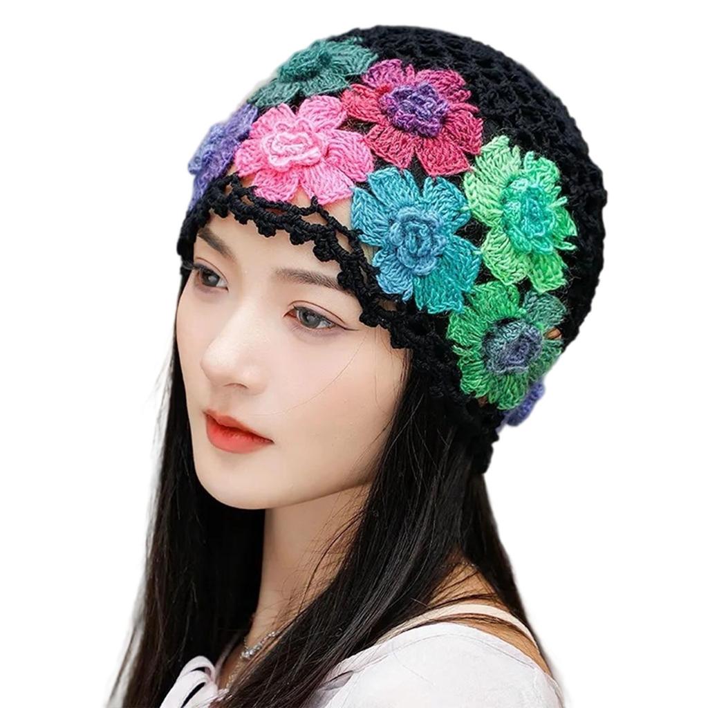 Cotton Crochet Beanie Hat With HollowOut Flower Design Summer Vacation Casual Skull Cap For Women Everyday Wear
