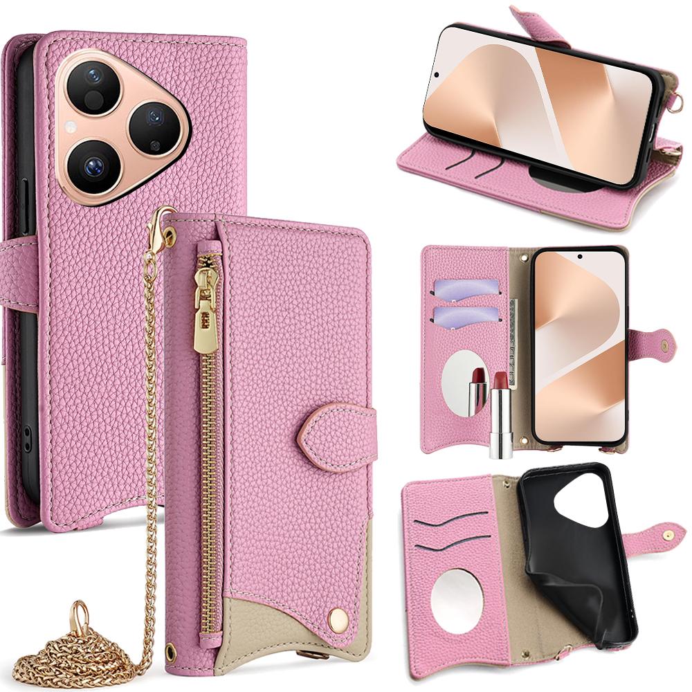 Кожаный чехол-кошелек с подставкой для Huawei Pura 80, стиль «неправильный хвост», с цепочкой