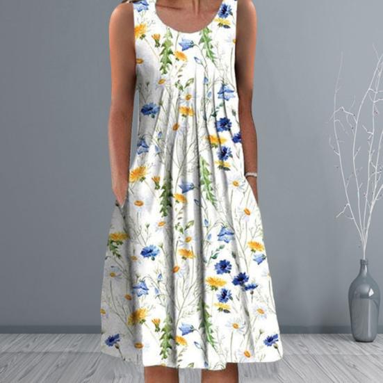 Платье с цветочным принтом и круглым вырезом, плиссированный дизайн, пуловер с короткими рукавами, элегантная повседневная одежда, женское летнее повседневное свободное пляжное платье больших размеров, одежда для отдыха