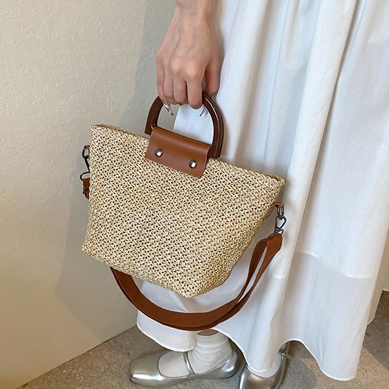 Летняя женская сумка через плечо с деревянной ручкой, плетеная соломенная сумка, бохо, повседневная женская пляжная мода, сумки через плечо