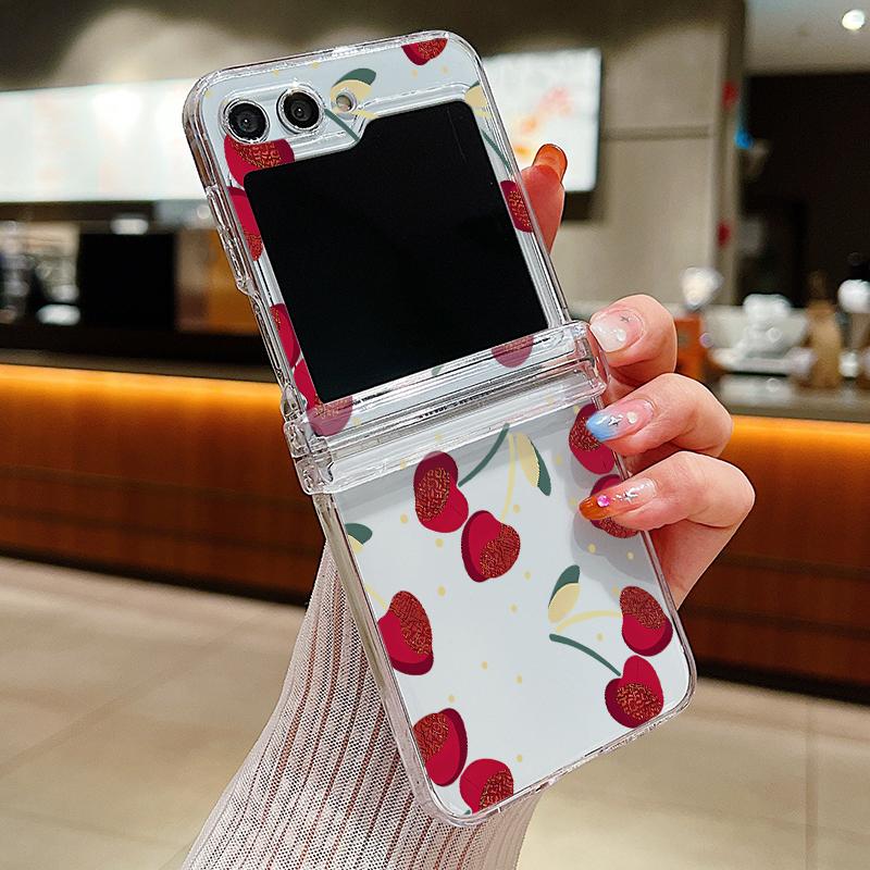For Samsung Galaxy Z Flip6 Flip5 Flip4 Flip3 3PCS Folding Bowknot Cherry Pattern Transparent Hard Plastic Slim Phone Case Cover