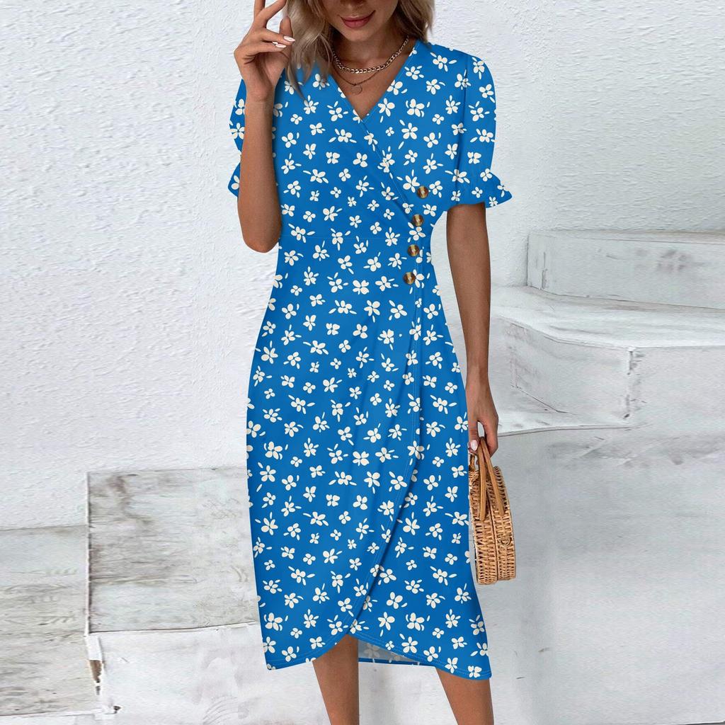 Women's Summer Casual Dress V Neck A-line Boho Ditsy Floral Flounce Sleeve Wrap Hem Dress