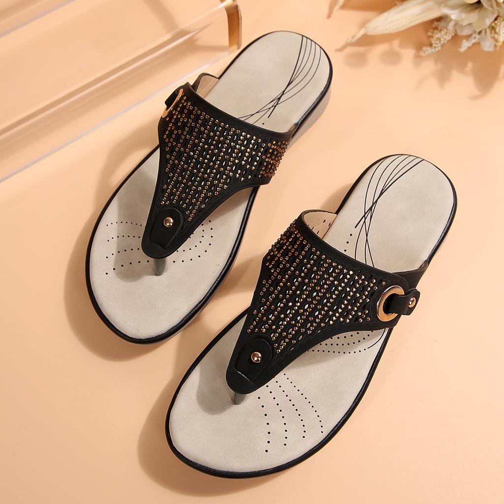 2025 Summer New Foreign Trade Clip Slippers Women's Shoes Plus Size Thick Sole Bright Diamond Decoration Casual Clip Slippers
