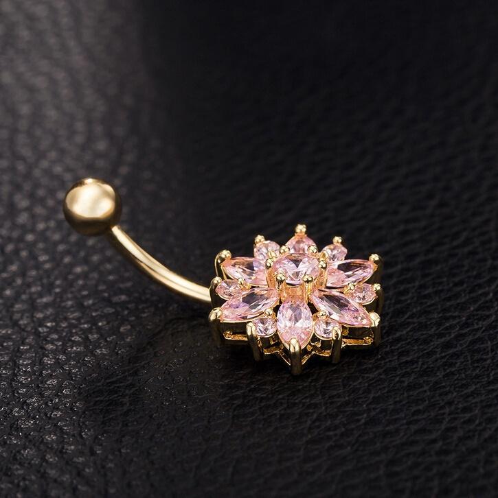 1Pc Gold Plated Rhinestone Body Piercing Belly Ring Bars Barbells Button Navel Flower Cluster