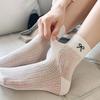 Women Socks Ballet Style Sweet Girls Black White Gray Socks Cute Bow Embroidery Hollow Out Mesh Thin Breathable Loose Long Socks