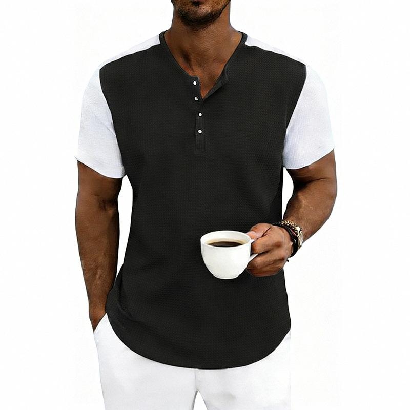 Мужская свободная вафельная футболка-henley с коротким рукавом, летний повседневный топ